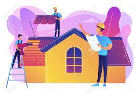 Building Repair. Housetop Renovation And Roof Reconstruction. Roofing Services, Roof leak Repair, Peak Roofing Contractors Concept. Bright Vibrant Violet Vector Isolated Illustration Royalty Free