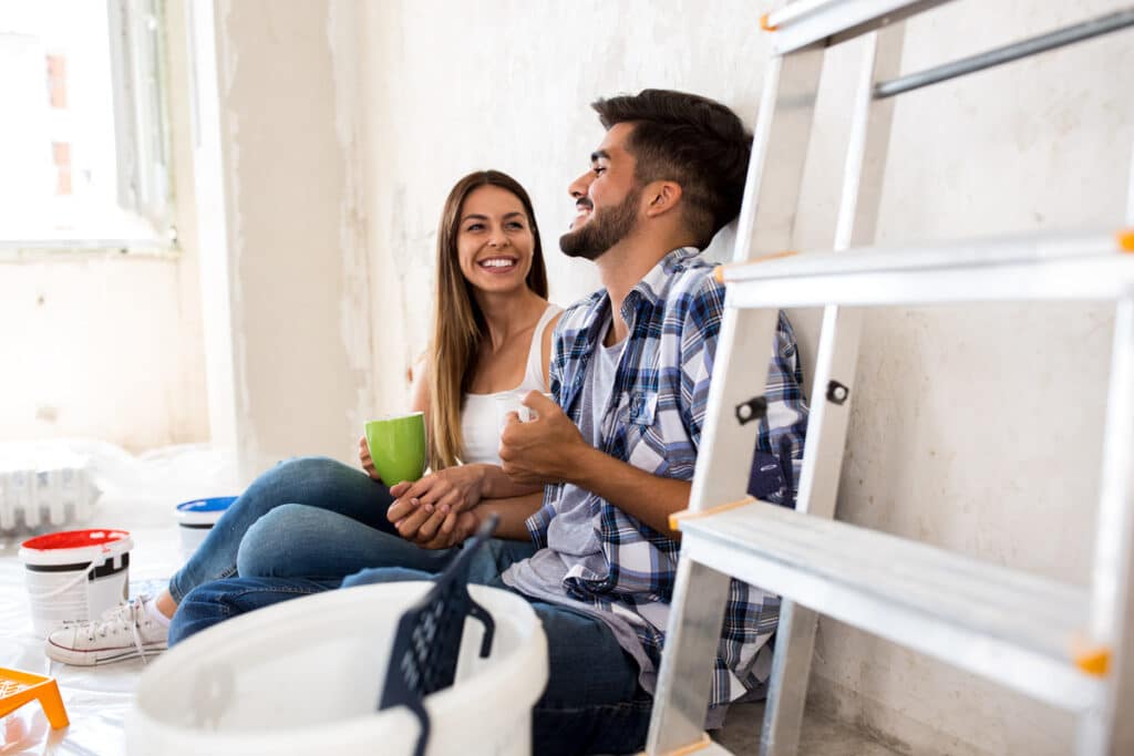 sitting and laughing in construction site